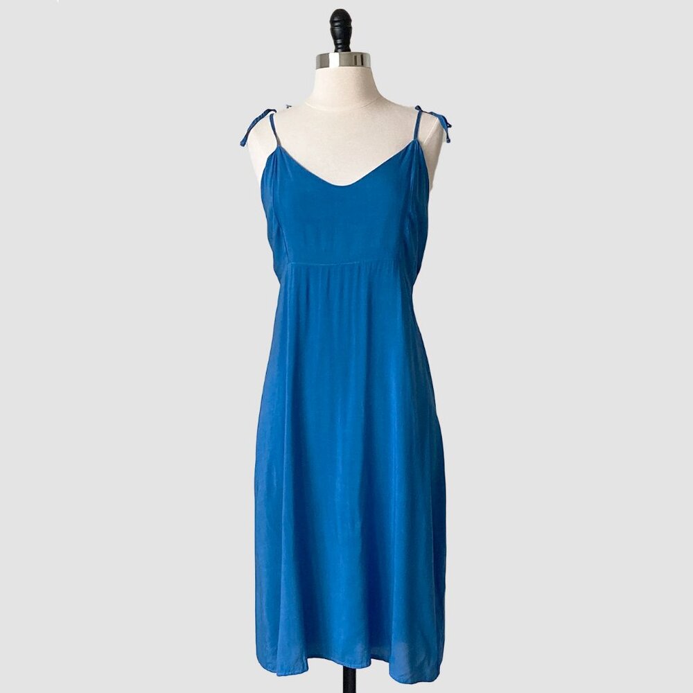 Lightweight Rayon Tie Shoulder Slip Dress Spring Blue, Midi Length